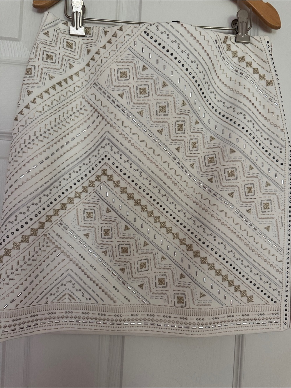White House Black Market White Mini Skirt with Gold and Silver Embellishment